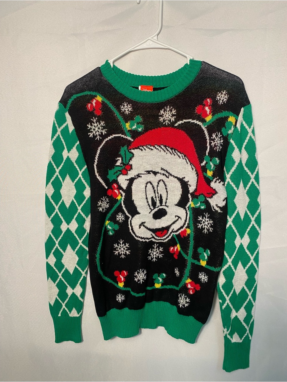 Disney Mickey Mouse Black, Green & Red Holiday Crewneck Sweater